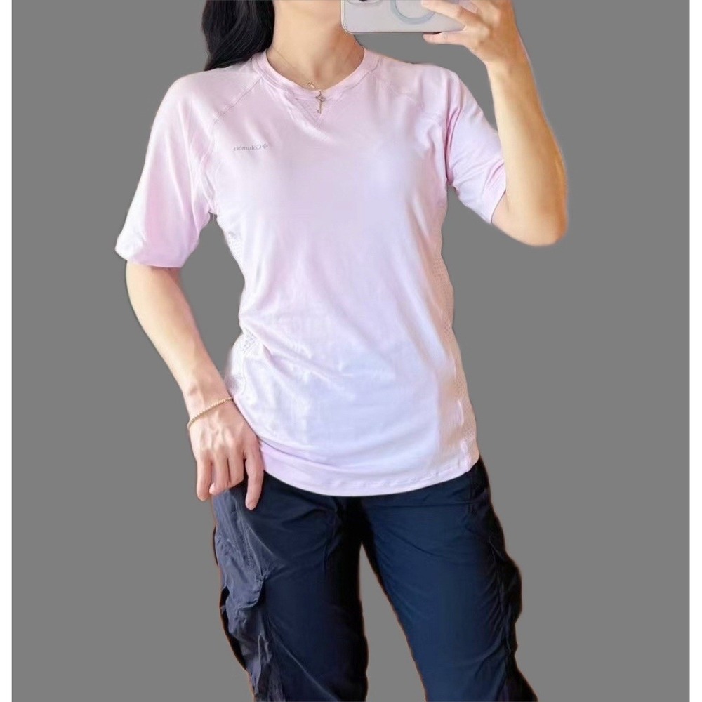 Columbia Women Maplegate Light Pink Short Sleeve Shirt M Active Fit Omni Wick